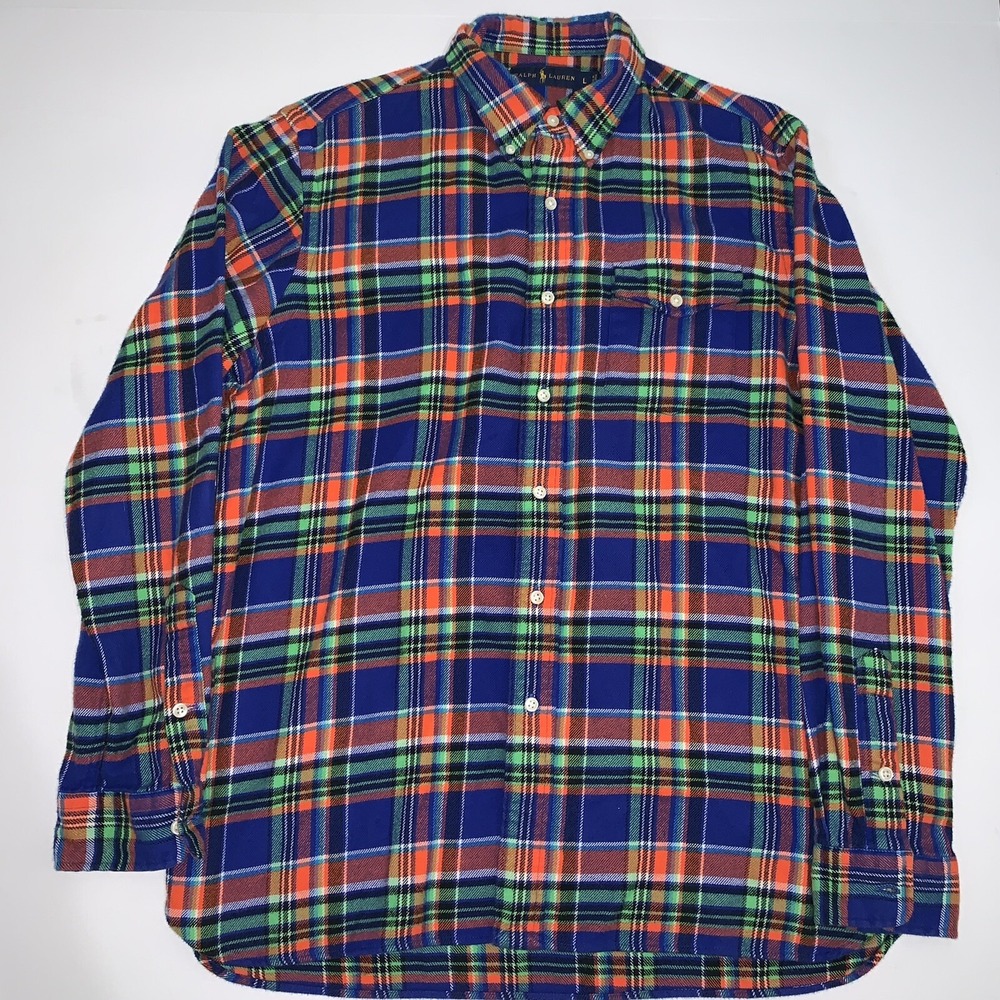 Polo Ralph Lauren Mens Large Colorful Plaid Flannel Button Down Shirt Blue Green